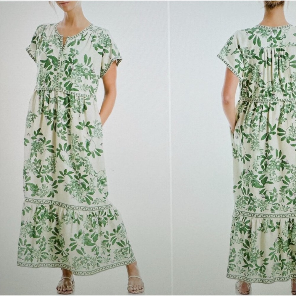 NWOT Max Studio London Linen Floral Tiered Short Sleeve Dress Size L